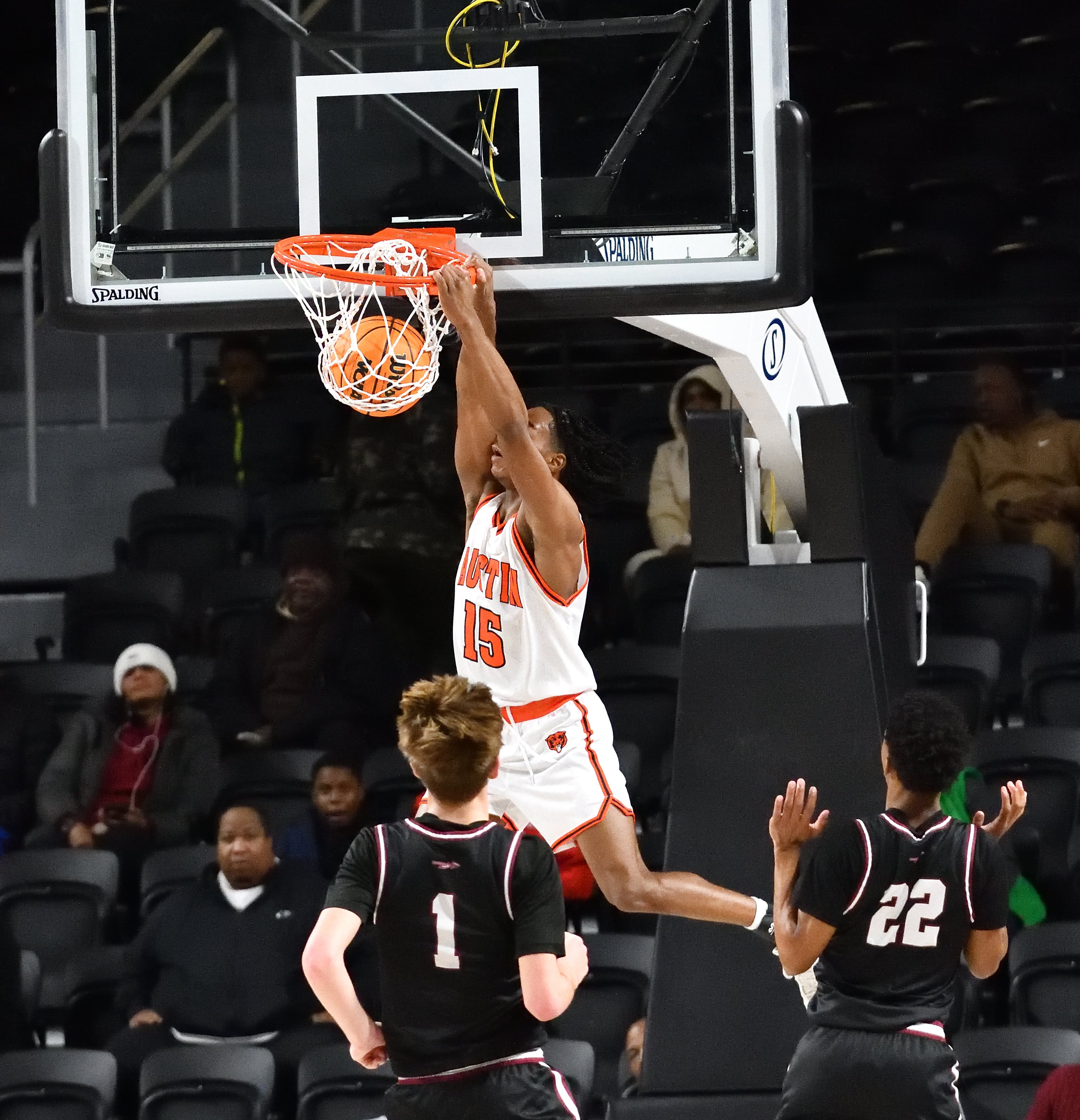 Austin High School Harry Malone with the dunk again East Limestone in in the 2025 Rocket City Braggin’ Rights at Alabama A&M University Event Center Normal, Al. Monday, Jan. 20, 2025. (Kevin Farrell | preps@al.com).