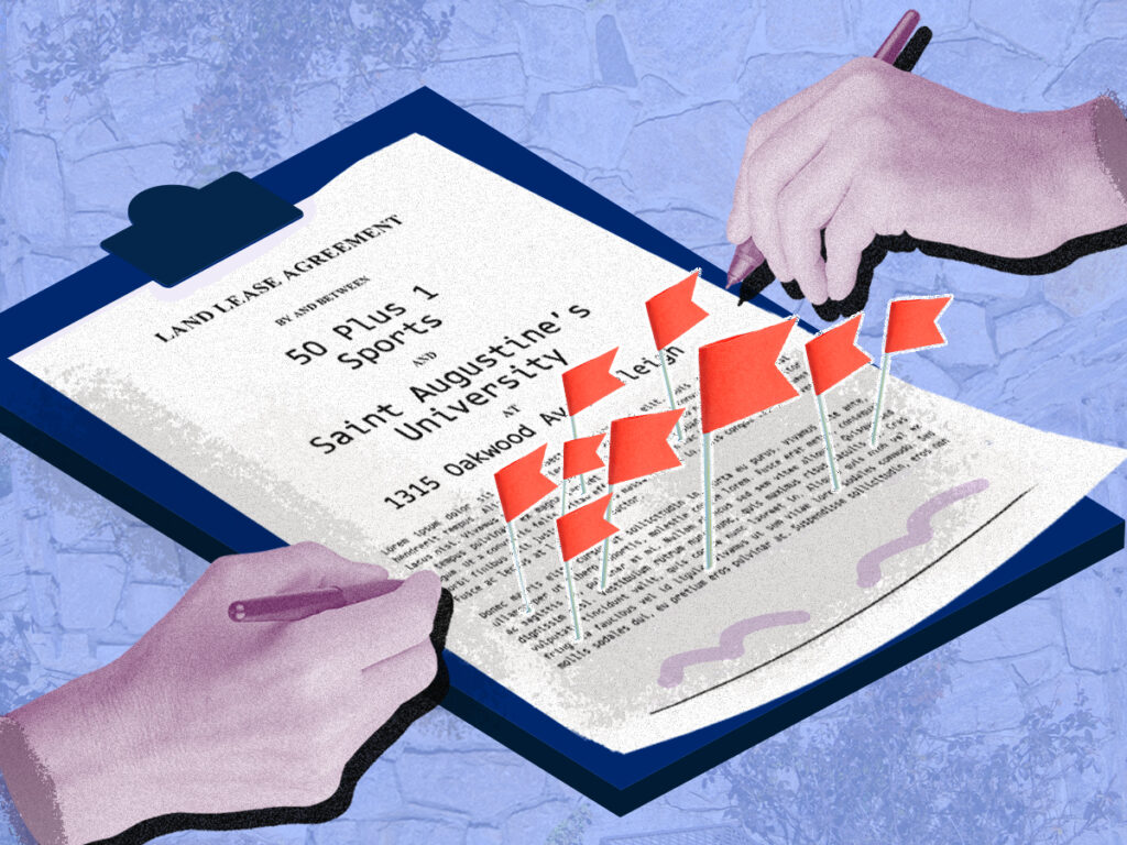 collage illustration of two hands signing a contract with many red flags marking the text