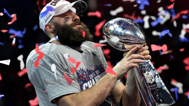 MVP New England Patriots wide receiver Julian Edelman (11) with the Lombardi trophy at the end of the game. New England Patriots vs. LA Rams in Super Bowl LIII at Mercedes-Benz Stadium in Atlanta, GA.
