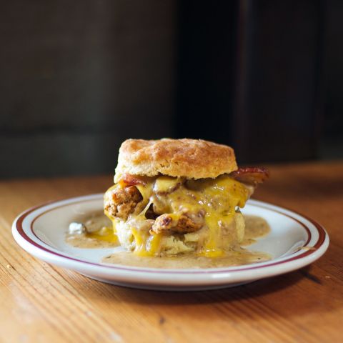 A biscuit sandwich on a plate