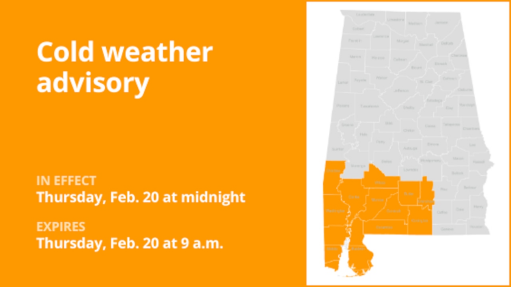 Cold weather advisory for South Alabama for Thursday