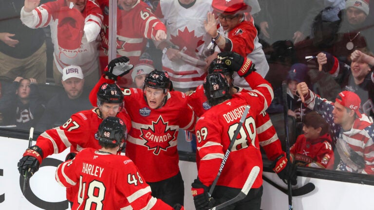 Boston MA 2/20/25 21fournations Canada's Nathan MacKinnon celebrates his goal against the United States' during first period action in the 4 Nations Championship game at TD Garden .