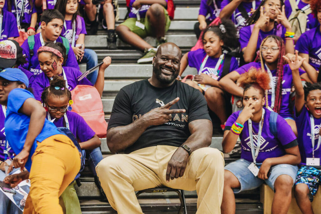 Shaquille O’Neal poses for a photograph during a press conference at the Shaq-to-School event ...