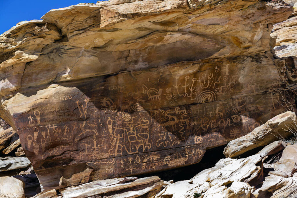 Petroglyphs in the Gold Butte National Monument on Wednesday, Oct. 5, 2022, in Logandale, Nevad ...