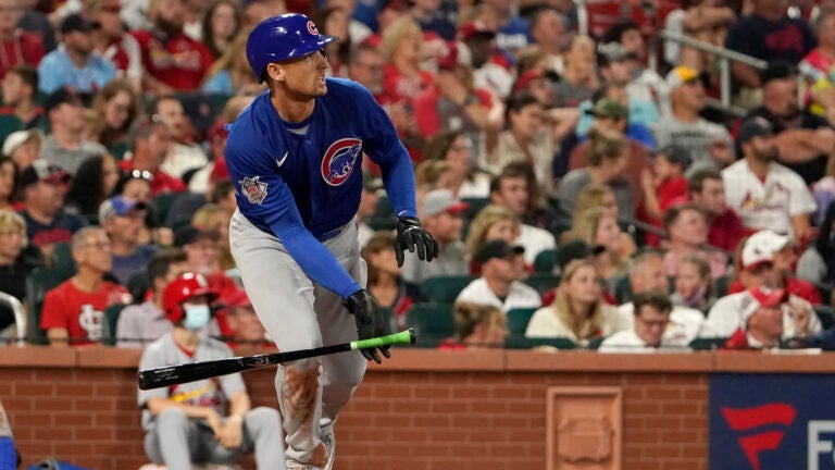 Chicago Cubs' Trayce Thompson watches his grand slam during the fifth inning of a baseball game against the St. Louis Cardinals Saturday, Oct. 2, 2021, in St. Louis.