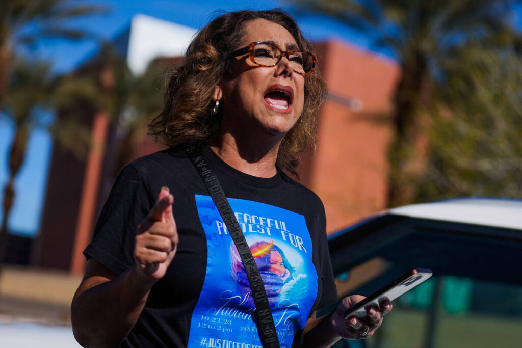 Regina Lacerda speaks during a demonstration for her daughter, Tabatha Tozzi, at Metro Headquar ...