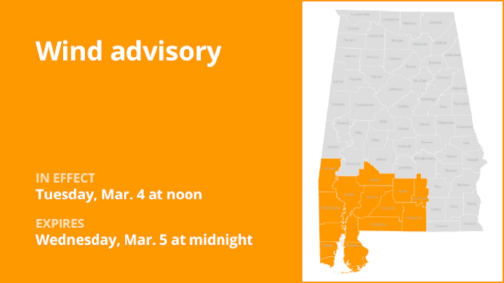 South Alabama under a wind advisory Tuesday and Wednesday