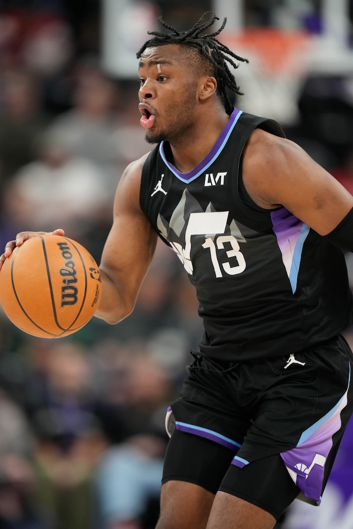 (Francisco Kjolseth  | The Salt Lake Tribune) Utah Jazz guard Isaiah Collier (13) as the Utah Jazz host the Detroit Pistons during an NBA basketball game, Monday, March 3, 2025.