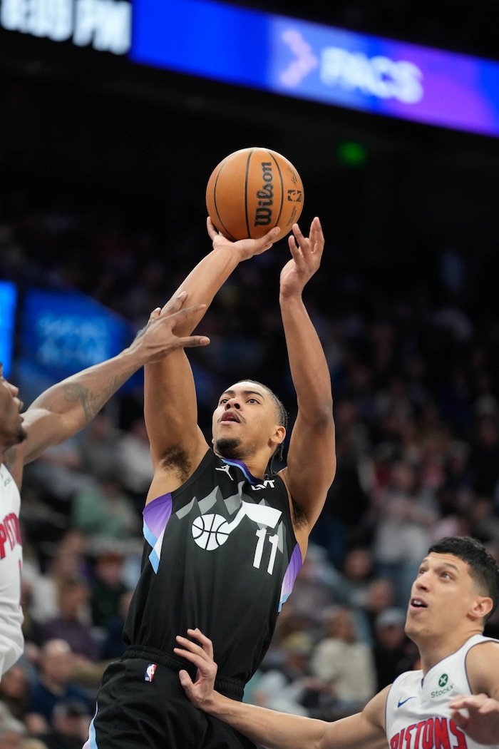 (Francisco Kjolseth  | The Salt Lake Tribune) Utah Jazz guard Jaden Springer (44) makes a shot as the Utah Jazz host the Detroit Pistons during an NBA basketball game, Monday, March 3, 2025.