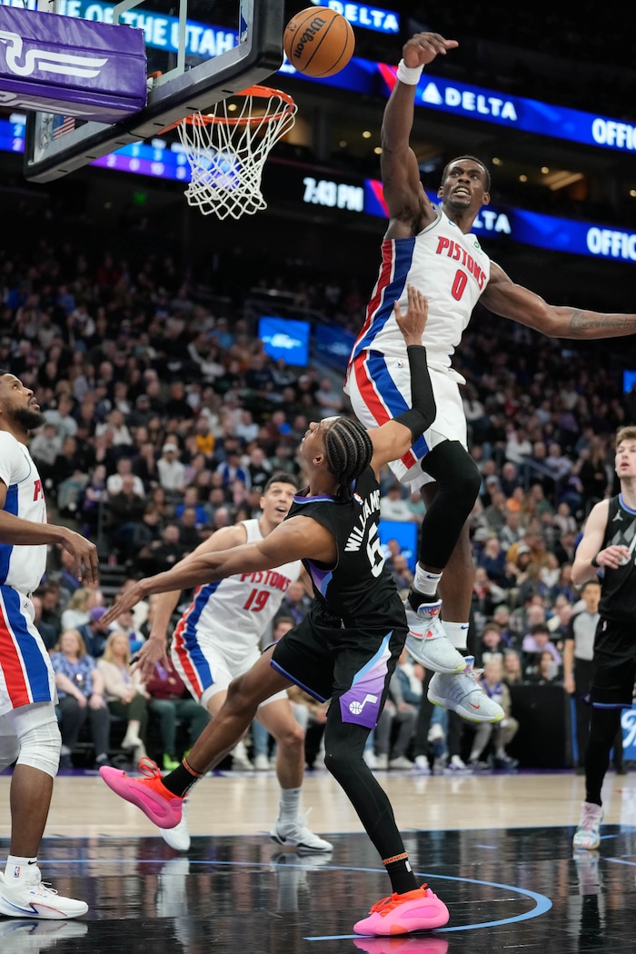 (Francisco Kjolseth  | The Salt Lake Tribune) Utah Jazz forward Cody Williams (5) is blocked by Detroit Pistons center Jalen Duren (0) during an NBA basketball game, Monday, March 3, 2025.