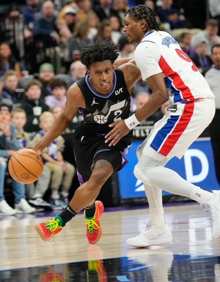 (Francisco Kjolseth  | The Salt Lake Tribune) Utah Jazz guard Collin Sexton (2) pushes past Detroit Pistons forward Ausar Thompson (9) during an NBA basketball game, Monday, March 3, 2025.