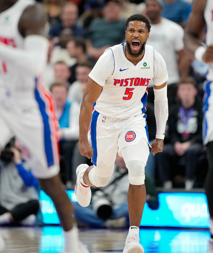 (Francisco Kjolseth  | The Salt Lake Tribune) Detroit Pistons guard Malik Beasley (5) celebrates as the Utah Jazz host the Detroit Pistons during an NBA basketball game, Monday, March 3, 2025.