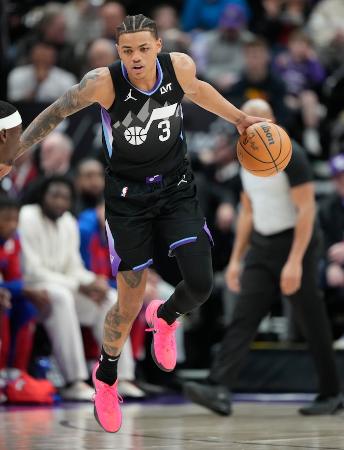 (Francisco Kjolseth  | The Salt Lake Tribune) Utah Jazz guard Keyonte George (3) springs to action as the Utah Jazz host the Detroit Pistons during an NBA basketball game, Monday, March 3, 2025.