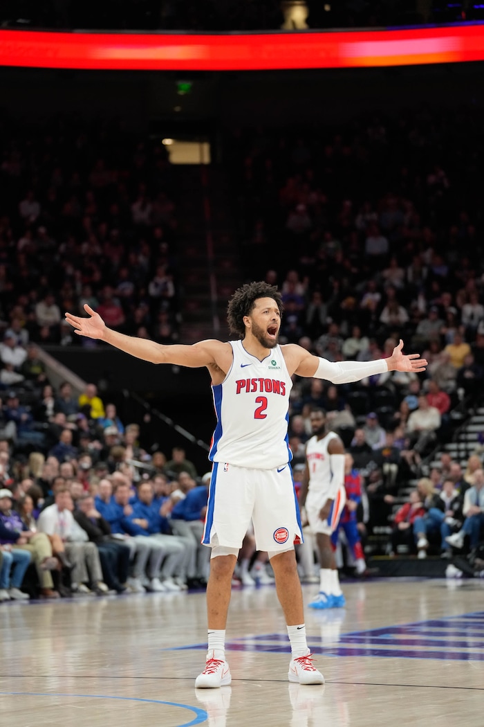 (Francisco Kjolseth  | The Salt Lake Tribune) Detroit Pistons guard Cade Cunningham (2) celebrates a two point shot as the Utah Jazz host the Detroit Pistons during an NBA basketball game, Monday, March 3, 2025.