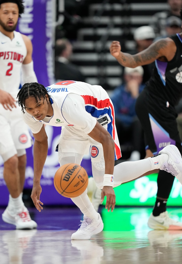 (Francisco Kjolseth  | The Salt Lake Tribune) Detroit Pistons forward Ausar Thompson (9) regains control of a ball as the Utah Jazz host the Detroit Pistons during an NBA basketball game, Monday, March 3, 2025.