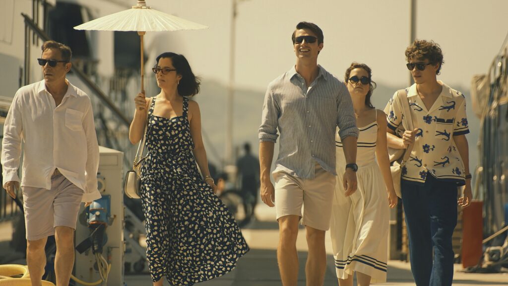 Jason Isaacs, Parker Posey, Patrick Schwarzenegger, Sarah Catherine Hook, and Sam Nivola in "The White Lotus." Photo courtesy of Warner Brothers Pictures.