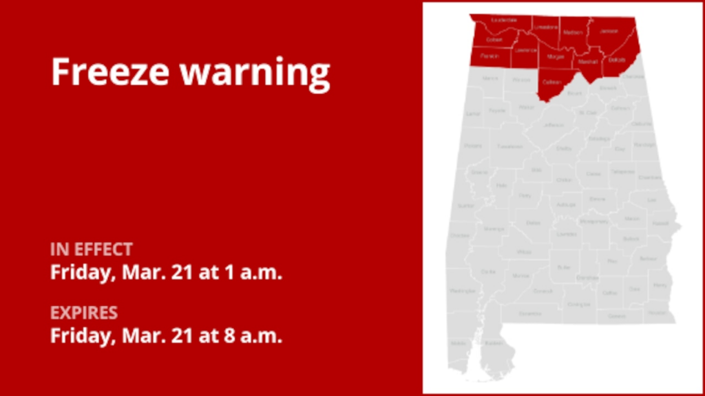 Freeze warning for North Alabama for Friday