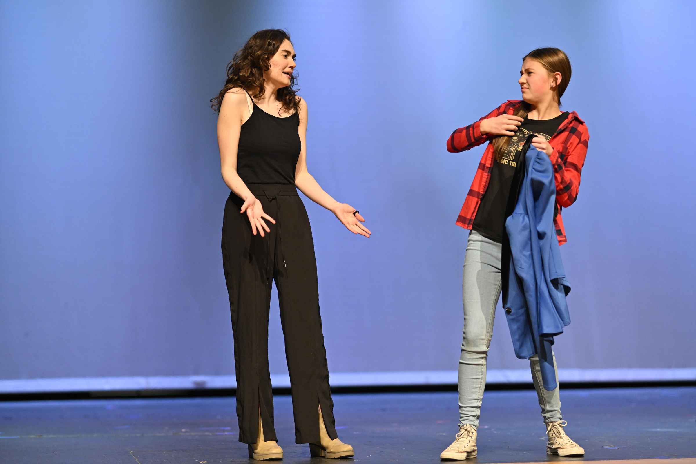 Ava Diffenderfer, left, and Clare Lawson play Ellie and Katherine Blake during a dress rehearsal of Freaky Friday at Winters Mill High School.(Thomas Walker/Freelance)