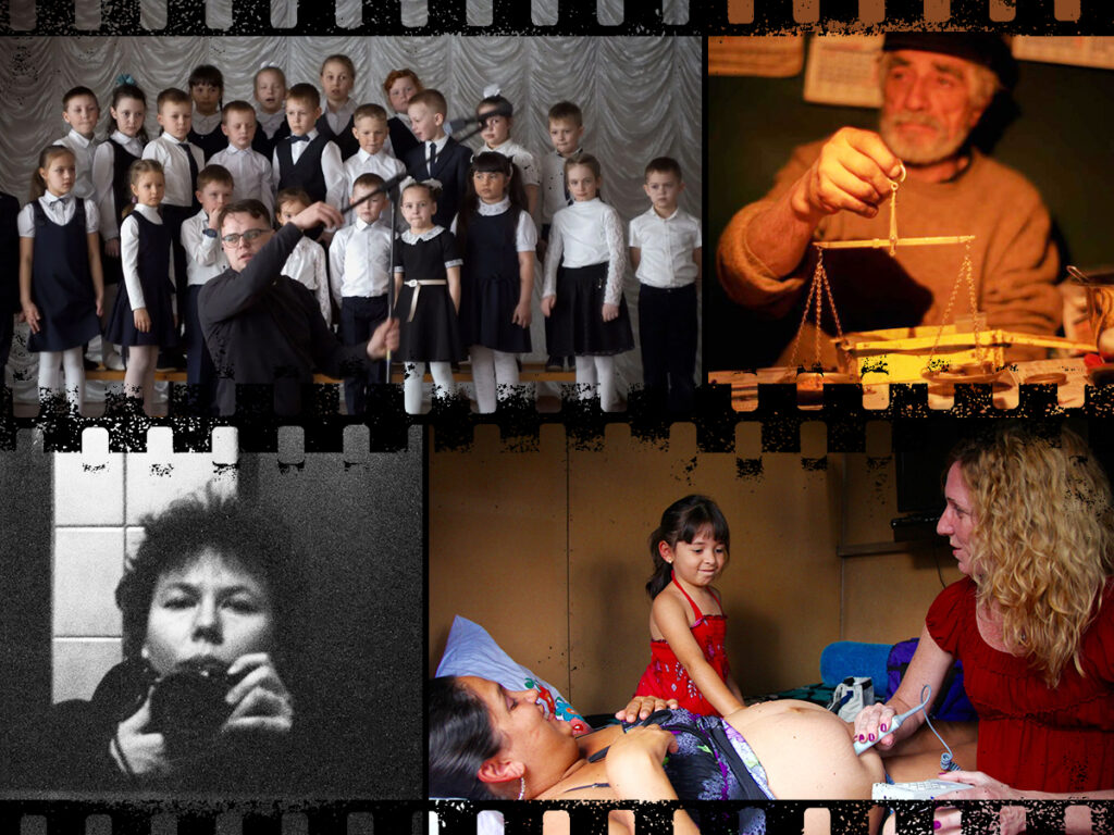 A composite of stills from films featured in this year's festival. Clockwise from top left: Mr. Nobody Against Putin, The Fabulous Gold Harvesting Machine, I’m Not Everything I Want to Be, The Last Partera. All images courtesy of the filmmakers.
