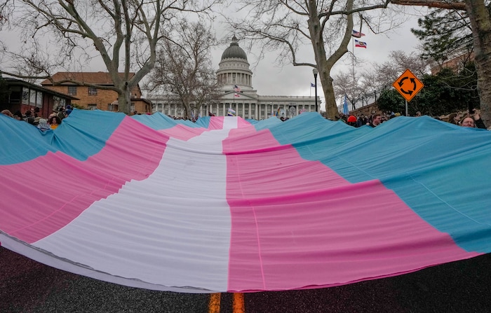 (Francisco Kjolseth  | The Salt Lake Tribune) Hundreds of people show up at the Utah State Capitol on Mar. 29, 2025 to fly the largest transgender pride flag in Utah. The unveiling of the flag is part of celebrations for Transgender Day of Visibility, hosted by local nonprofits Utah Pride Center and The Glitter Foundation.