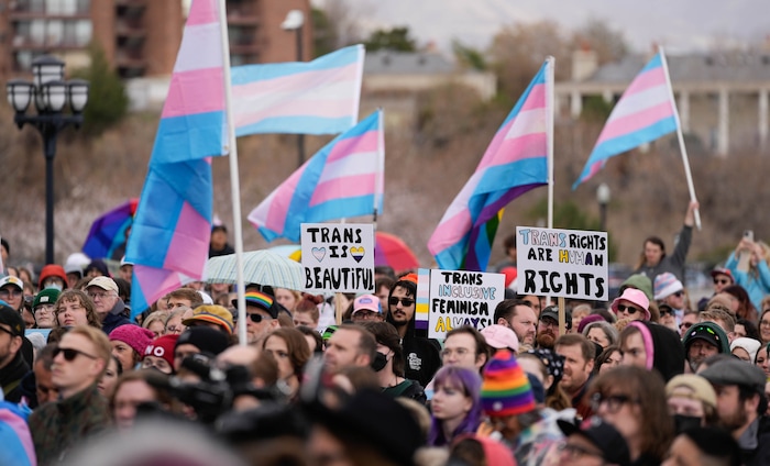 (Francisco Kjolseth  | The Salt Lake Tribune) Hundreds of people show up at the Utah State Capitol on Mar. 29, 2025 to fly the largest transgender pride flag in Utah. The unveiling of the flag is part of celebrations for Transgender Day of Visibility, hosted by local nonprofits Utah Pride Center and The Glitter Foundation.