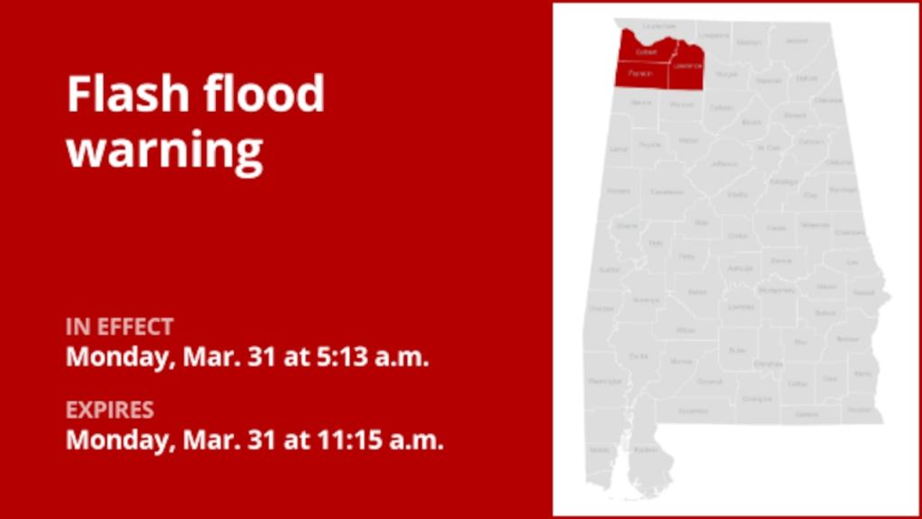 Flash flood warning for Northwest Alabama until Monday midday due to thunderstorms