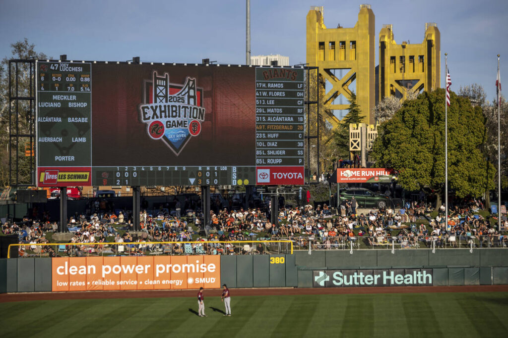 Rivercats players on the infield during the San Francisco Giants game against the Sacramento Ri ...