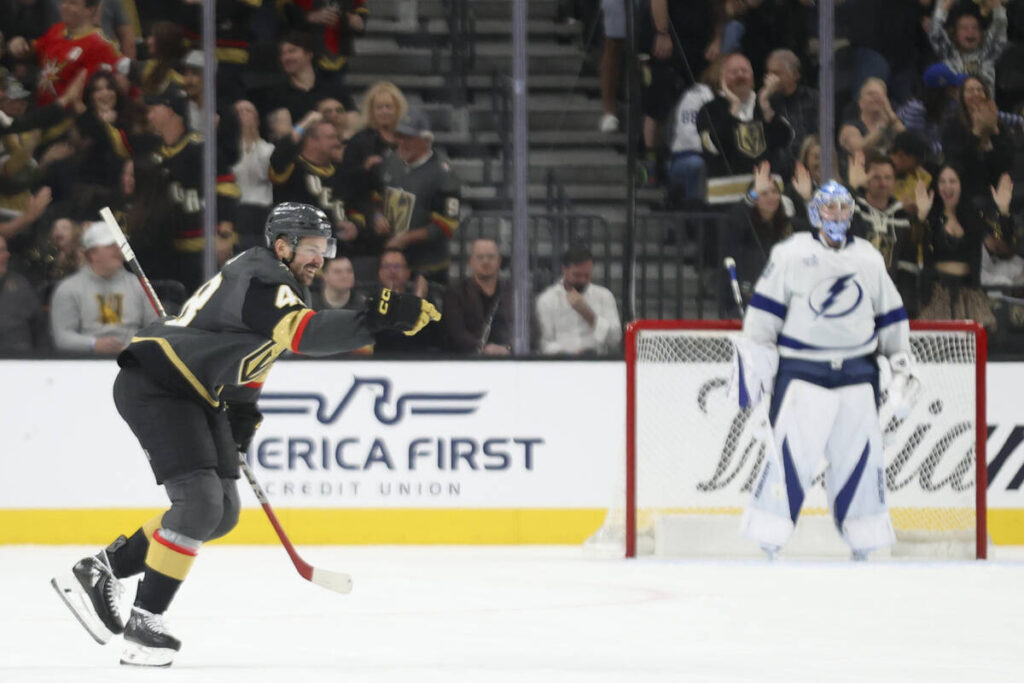 Vegas Golden Knights center Tomas Hertl (48) celebrates after scoring a goal during the first p ...