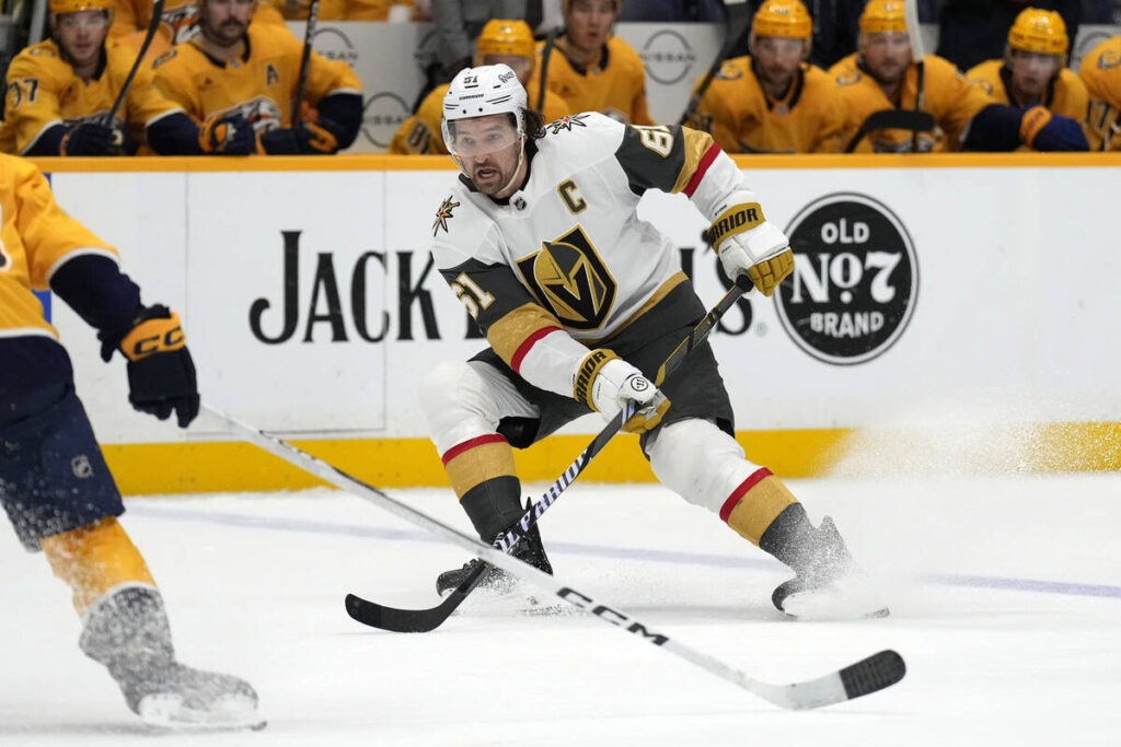 Vegas Golden Knights right wing Mark Stone (61) plays against the Nashville Predators during th ...