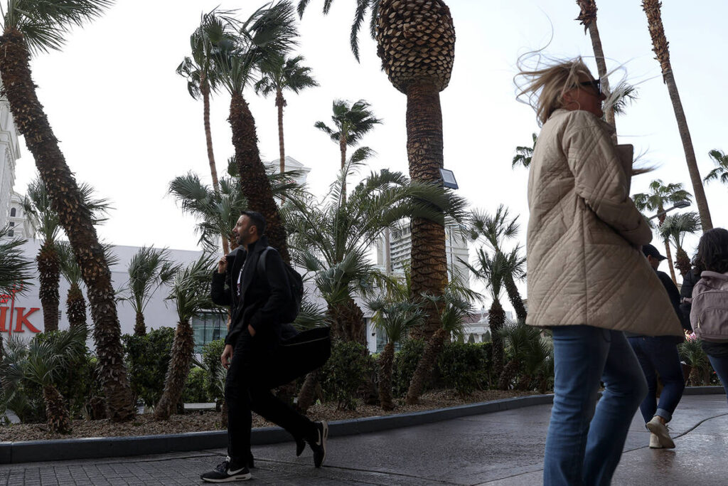 Visitors to the Las Vegas Strip traverse Las Vegas Boulevard on Saturday, March 2, 2024. (Las V ...