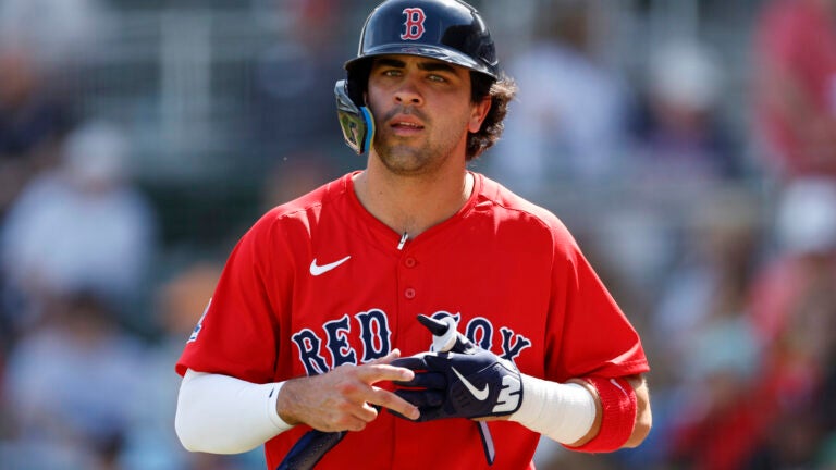 Boston Red Sox infielder Marcelo Mayer at bat during an exhibition game against Northeastern during spring training at JetBlue Park.