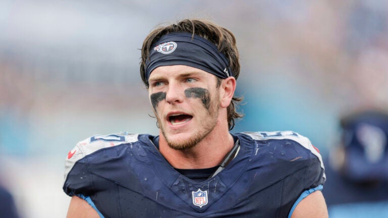 Tennessee Titans linebacker Jack Gibbens (50) on the sideline during the second half of an NFL football game against the New England Patriots, Sunday, Nov. 3, 2024, in Nashville, Tenn.