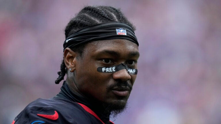 Houston Texans wide receiver Stefon Diggs stands on the sideline during the second half of an NFL football game against the Buffalo Bills, Sunday, Oct. 6, 2024, in Houston.