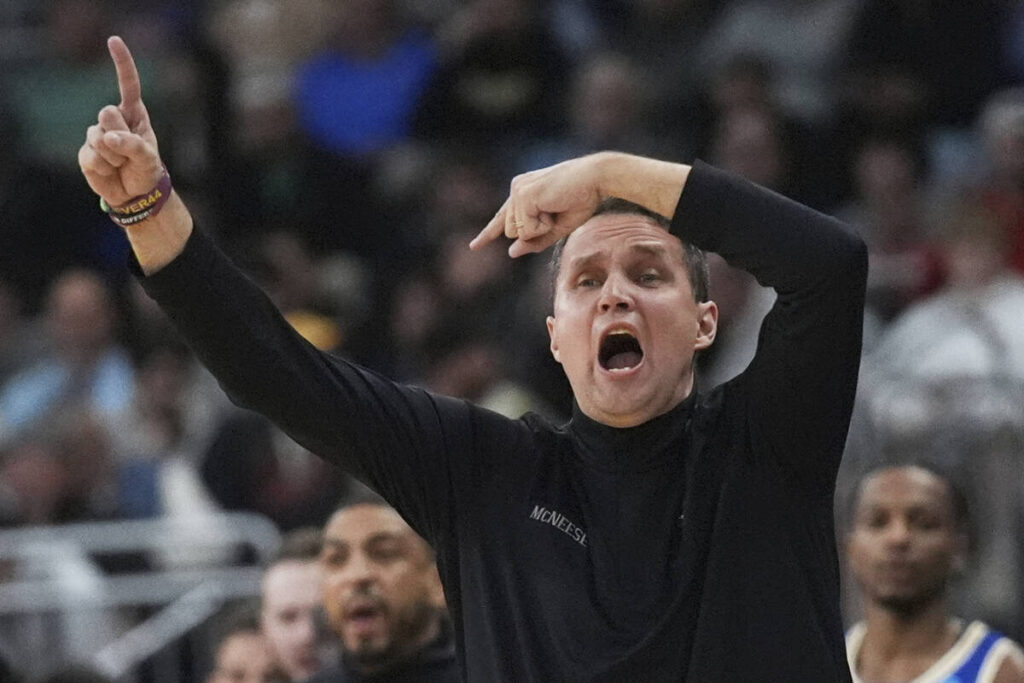 McNeese State head coach Will Wade calls to his players during the first half in the first roun ...