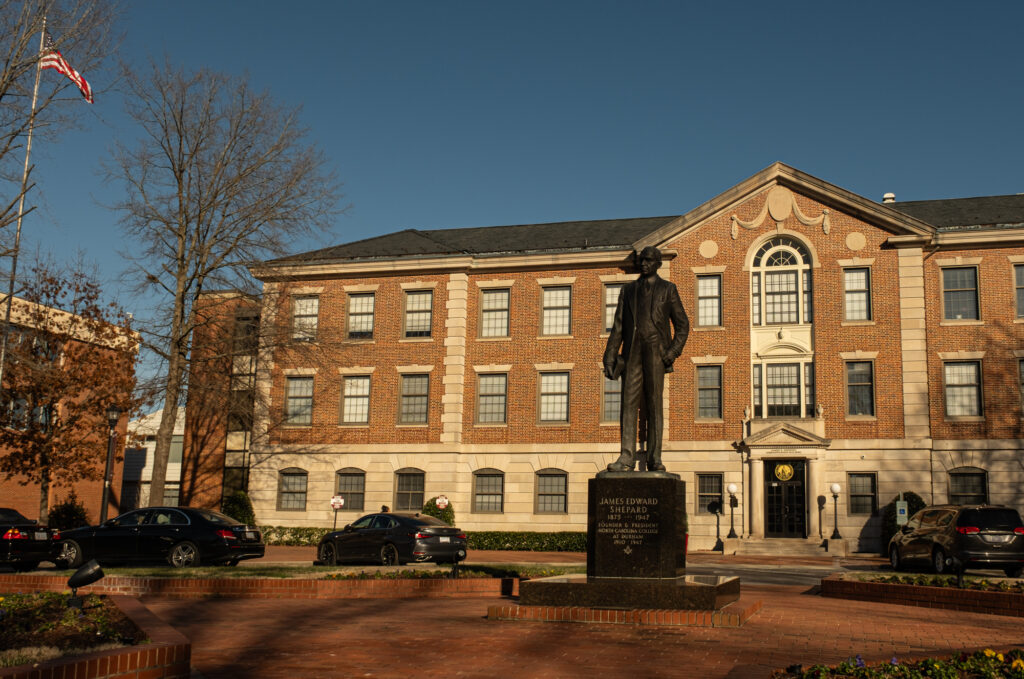 North Carolina Central University is one of several HBCUs in the UNC System that have seen frequent leadership changes in recent years. With six chancellors since 2010, the university has one of the highest turnover rates in the system. On February 22, 2025, the Hoey Administration Building stood as a symbol of ongoing transition, now housing the office of newly appointed Chancellor Karrie Dixon. Photo by Anders Ljung.