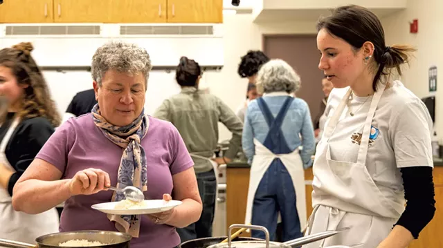 Amy Trubek (left) sampling a student's dish in the Foods for Planetary Health lab - COURTESY OF COLLEEN GOODHUE
