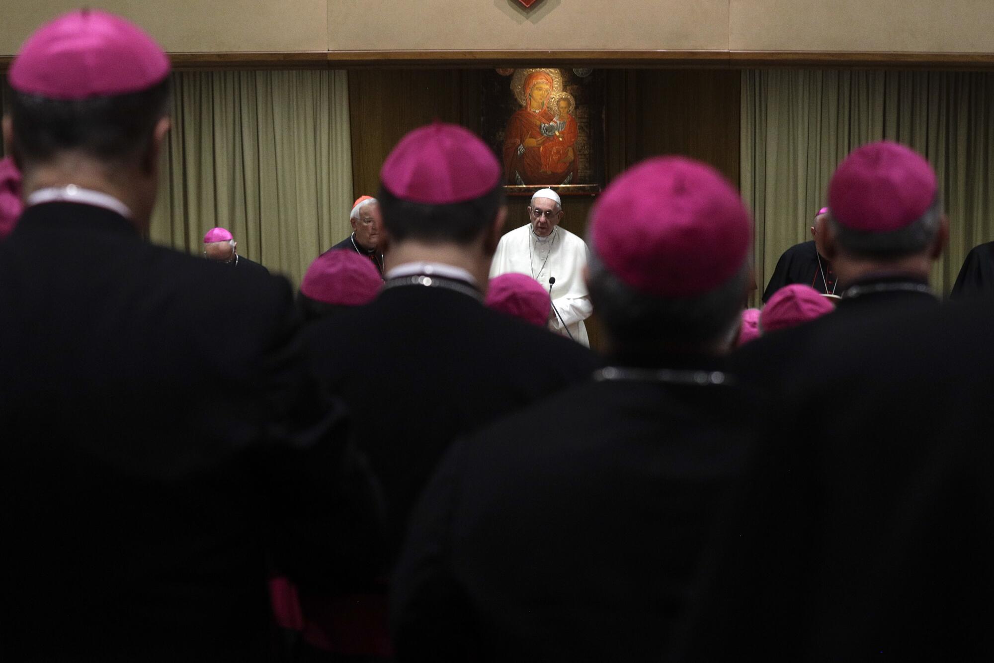 Pope Francis faces several men in black cassocks and vivid purple skullcaps with their backs to the camera in a room.