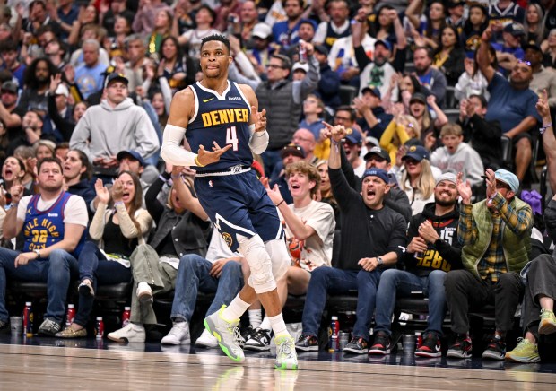 Russell Westbrook (4) of the Denver Nuggets celebrates hitting a...