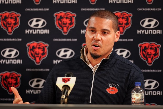 Bears general manager Ryan Poles discusses the team's moves in free agency and the trade market March 12, 2025, at Halas Hall in Lake Forest. (Audrey Richardson/Chicago Tribune)