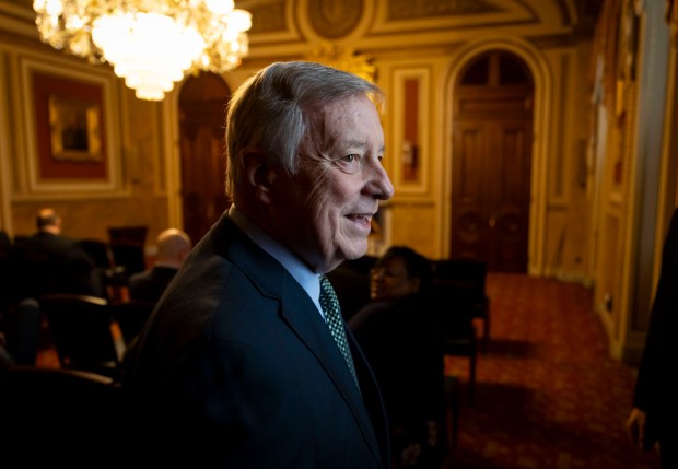 Sen. Dick Durbin greets people inside the Lyndon B. Johnson Room at the Capitol, Feb. 12, 2025, during a meeting with the Bloomington-Normal Economic Development Council in Washington. (Brian Cassella/Chicago Tribune)