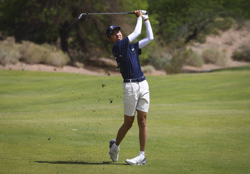 Coronado’s Brent Chung hits a fairway shot during a 5A Desert League boys golf match at Refle ...