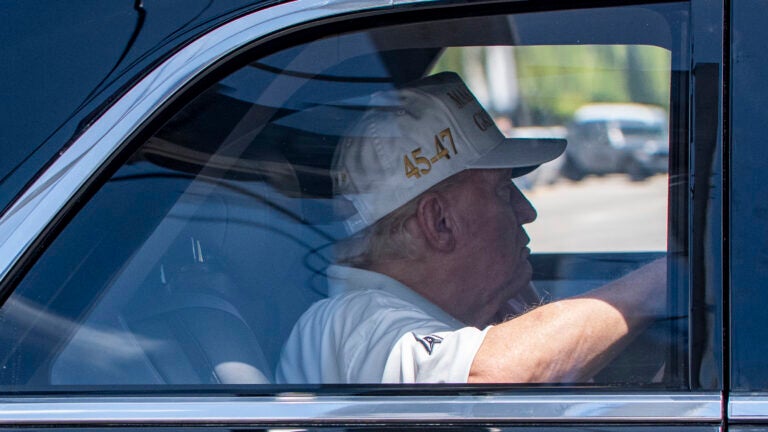 President Donald Trump returns to his Mar-a-Lago club from Trump National Golf Club, Sunday, April 6, 2025, in West Palm Beach, Fla.