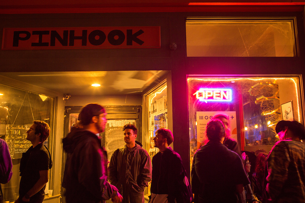 The crowd outside the Pinhook gathers during the Kyle Hall DJ set Thursday night during Moogfest in Durham. Photo by Alex Boerner.