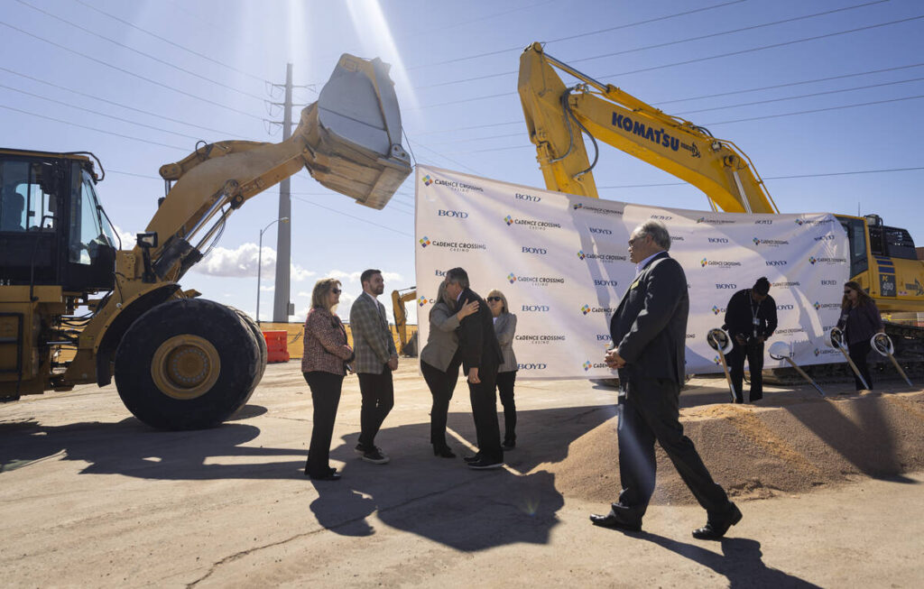 Attendees mingle following the groundbreaking ceremony for Cadence Crossing, Boyd Gaming's newe ...