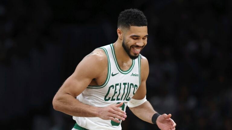Boston Celtics' Jayson Tatum during the second half in game 1 of a first-round NBA playoff basketball series against the Orlando Magic Sunday, April 20, 2025, in Boston.