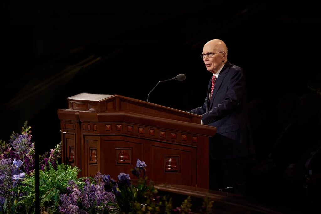 Oaks speaks; temple announcements expected