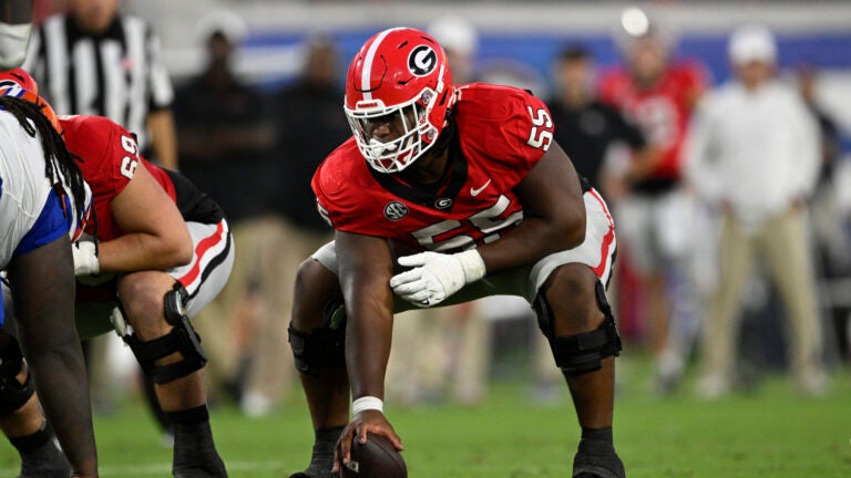 Georgia offensive lineman Jared Wilson (55) sets up to block against Florida during the second half of an NCAA college football game, Saturday, Nov. 2, 2024, in Jacksonville, Fla.