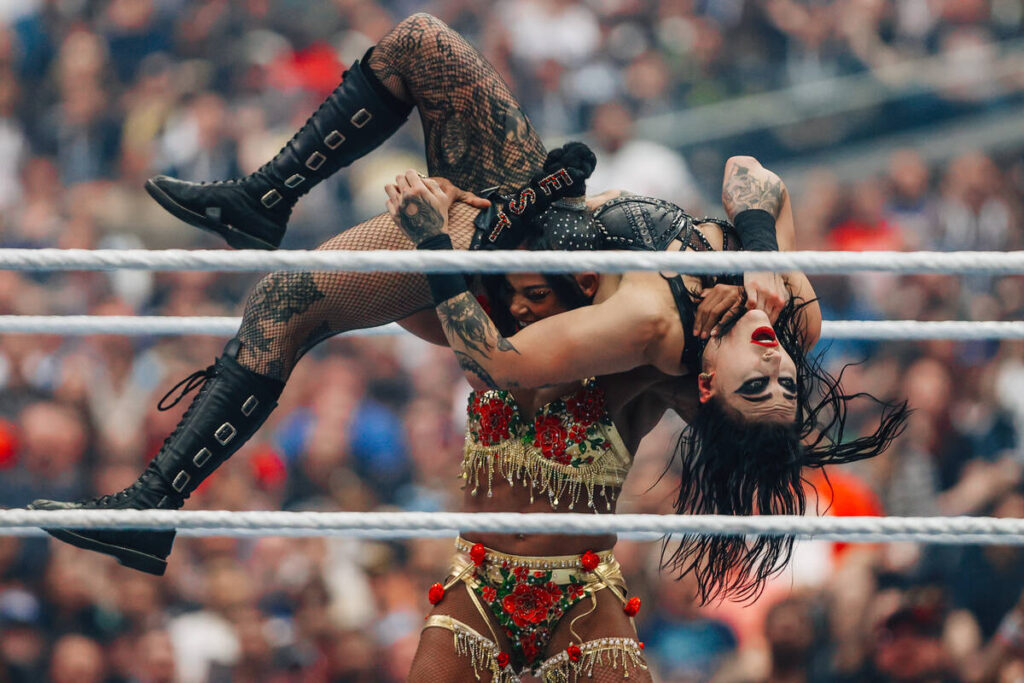 Bianca Belair tosses Rhea Ripley during WWE WrestleMania 41 at Allegiant Stadium Sunday, April ...