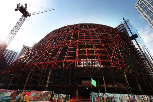 The Thompson Center is stripped down to its framework as its being redeveloped for Google on March 26, 2025. (Terrence Antonio James/Chicago Tribune)