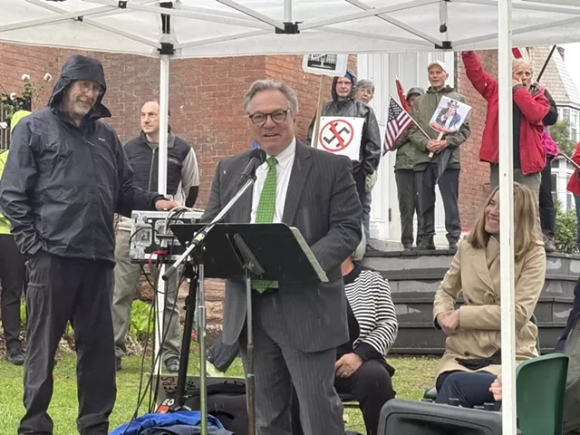 Attorney David Silver addressing protesters - ANNE GALLOWAY